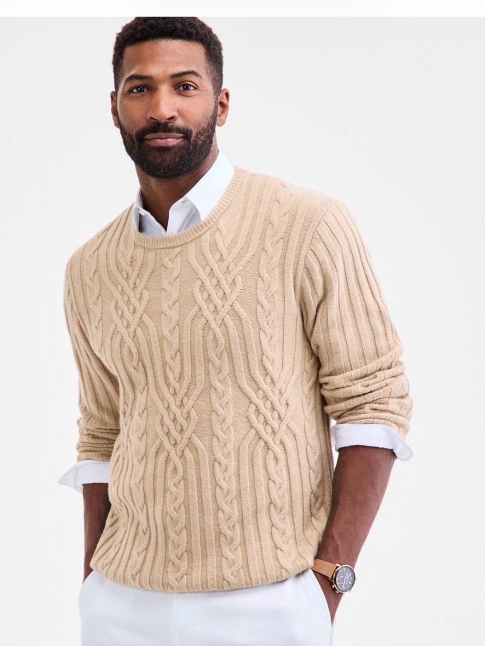 Club Room Men's Cable Knit Crewneck Sweater in Beige